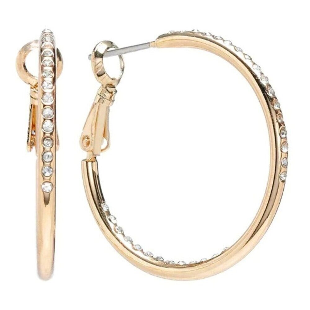 LC LAUREN CONRAD Mod/Contemporary Gold Clear Crystals Hoop Earrings**NEW!